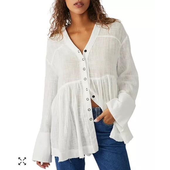 Free People Miles Away Long Sleeve Babydoll Top Sz Med New - Picture 1 of 10